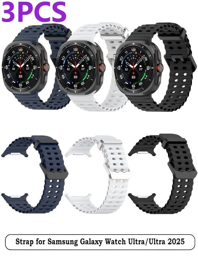 3 PCS Strap for Samsung Galaxy Watch Ultra/Ultra 2025 47mm, Silicone Watchband Replacement Bracelet Black, White and Blue - Image 1